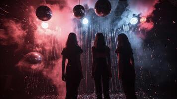 Background The models stand in front of a black curtain with smoke and disco balls in the background adding a and mysterious touch to the overall aesthetic photo