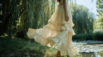 A flowy pale yellow maxi dress with delicate ruffle details resembling the softness and tranquility of a sunny day. The background is a serene park with a small pond and weepin photo