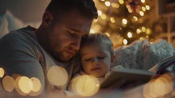A father reads a bedtime story to his child using soft and soothing tones to lull them to sleep photo
