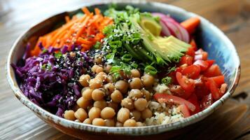 A bowl of colorful and nutrientdense ingredients is carefully prepared and arranged for a mindful Buddha bowl meal photo