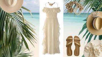 An elegant look with a flowing offshoulder maxi dress accessorized with delicate gold jewelry and a pair of wedges. This outfit is perfect for a beach party with a sophisticate photo