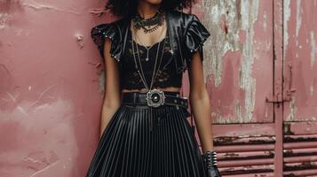 A black leather pleated skirt paired with a lace top and ankle boots accessorized with a statement belt and layered necklaces. This edgy and sustainable look is perfect fo photo
