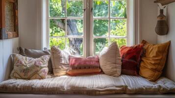 A cozy window seat is built into the wall piled high with cushions and pillows offering a perfect spot for daydreaming or curling up with a book on a rainy day photo