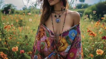 A flowy and bohemian style top adorned with vibrant and abstract floral patterns. Ideal for a music festival set in a picturesque flowerfilled valley photo