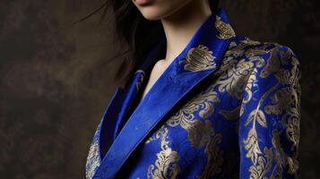 A structured blazer in a royal blue hue featuring intricate gold brocade and a highlow hemline perfect for a modern duchess attending a state dinner photo