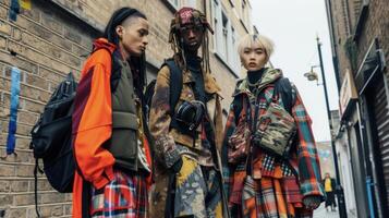 Experimental street style A mix of streetwear and high fashion featuring edgy layers bold statement pieces and unconventional accessories suitable for a busy and dynamic urba photo