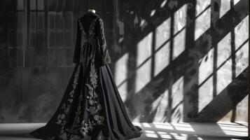 A sleek and sophisticated NeoGothic look featuring a floorlength black gown with intricately embroidered details and a sharp tailored blazer. Perfect for a gl event in a gran photo