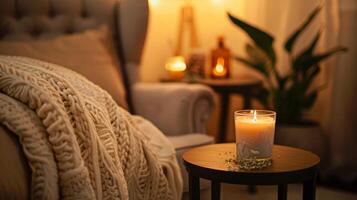 A corner of a peaceful and clutterfree bedroom with a plush armchair and a small table holding a scented candle creating a designated space for relaxation and mindfulness photo