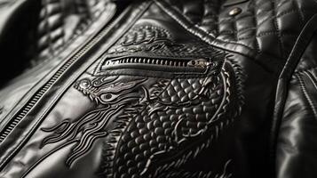 A sleek and modern leather jacket featuring intricate dragon scale embossing representing the powerful fusion of Eastern and Western cultures photo