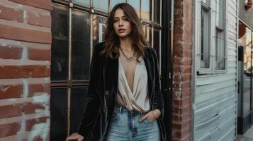 A velvet blazer worn over a flowy silk blouse and distressed denim jeans finished off with suede ankle boots and a chunky statement necklace perfect for a chic bohemian nigh photo
