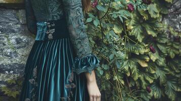 A midi dress in deep forest green velvet with lace sleeves and an intricate floral pattern captures the moody romanticism of a secluded woodland cottage photo