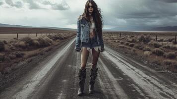 A vintage biker outfit with a distressed denim jacket highwaisted skirt and cowboy boots. Set against the backdrop of a vast open road this look exudes a sense of freedo photo