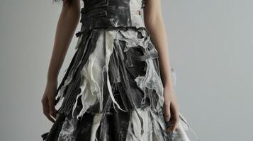 An avantgarde dress with structured panels and frayed edges inspired by the abstract and unconventional designs of a futuristic art exhibit photo