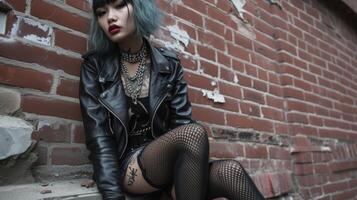 Step into the punk scene with a statement leather jacket ripped fishnet stockings and a graphic mini skirt. Add a chunky chain necklace and combat boots for a rebellious an photo