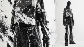 A monochromatic outfit with a mix of digital and glitch prints conveying a sense of chaos and organized disorder that often comes with technology photo