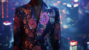 A tailored blazer with a subtle yet intricate floral motif representing the marriage of femininity and technology against a backdrop of a digital cityscape photo