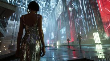 A silver sequined midi dress paired with metallic gold spy heels and statement earrings. The background is a futuristic party with a lightup dance floor and holographic projections photo