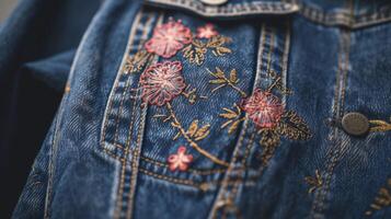 A casual denim jacket adorned with embroidered cherry blossoms symbolizing the union of Western denim culture with Eastern floral motifs photo