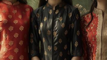 un elegante midi vestir presentando un mezcla de Rico indio seda telas con moderno estructurado sastrería. vestir esta a un lujoso cena fiesta con un oriental sabor foto
