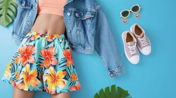 A bold and colorful outfit featuring a patterned tennis skirt paired with a crop top and a denim jacket. Accessorize with a pair of statement earrings and wedge sneakers fo photo