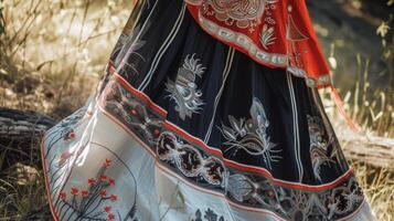 un fluido falda con un mezcla de chino y nativo de inspiración americana bordados creando un único y llamativo fusión de culturas foto