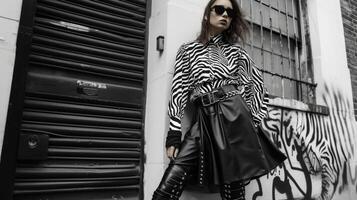 An understated zebra print blouse tucked into a leather midi skirt and paired with chunky combat boots. A bold and unconventional look for exploring the concrete jungle photo