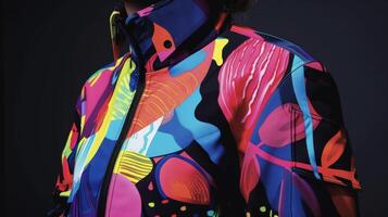 un espectáculo de parada chaqueta hecho desde 3d impreso paneles presentando vibrante resumen diseños y negrita estallidos de color foto