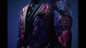 A tailored blazer featuring a bold floral print in deep purples and blues against a black background. Perfect for a sophisticated evening event set against the bright light photo