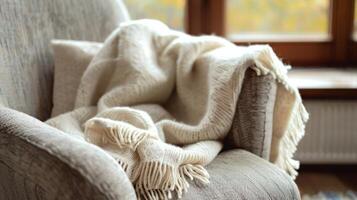 A cozy throw blanket is dd over the armchair ready to be used for snuggling up with a good book photo
