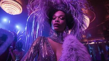 A metallic fringe mini dress with a plunging neckline and long sleeves paired with a fur stole and a statement headpiece. The background is a lively underground club wit photo