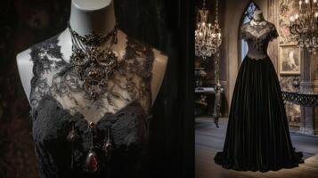 A gl and dark NeoGothic ensemble featuring a lace bodysuit velvet maxi skirt and jewelencrusted statement necklace. Ideal for a red carpet event at a Gothicinspired museum photo