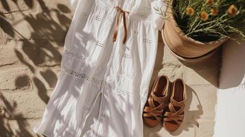 A breezy white kaftan with a slit up the side paired with simple brown leather sandals for a bohemianinspired beach look photo
