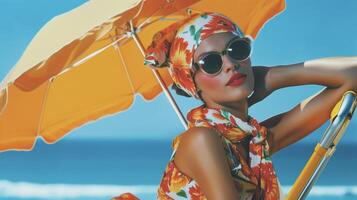 un retro terry paño mono corto en un brillante negrita color coronado con un atado bufanda y de gran tamaño gafas de sol descansando en un Clásico playa silla con un pareo paraguas foto