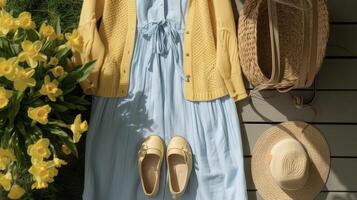 Head to the country club in style with a light blue collared dress a cheerful yellow cardigan and a pair of woven beige flats photo