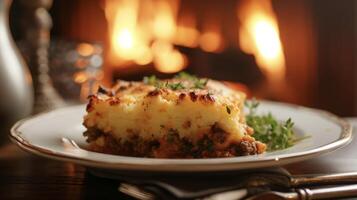 A hearty slice of cottage pie perfectly browned and bubbling with a layer of creamy mashed potatoes all while being baked in the cozy warmth of a crackling fireplace photo