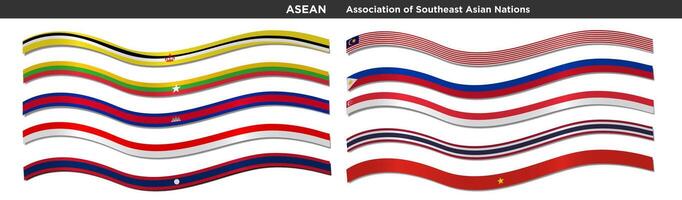 3D ASEAN Flag Ribbons set isolated on white background. AEC ASEAN Economics Community waving flags. Brunei, Cambodia, Indonesia, Laos, Malaysia, Myanmar, Philippines, Singapore, Thailand, Vietnam. EPS vector