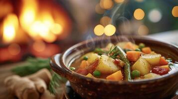 A comforting bowl of veggie soup b with tender chunks of potatoes carrots and green beans. The fire crackles in the background providing the perfect backdrop to this coz photo