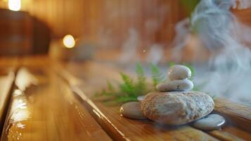 A closeup of aromatic steam rising from the sauna rocks creating a soothing and calming atmosphere. photo