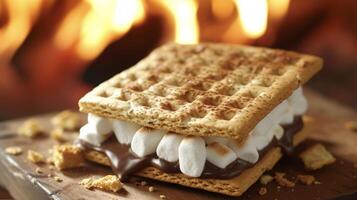 un calentar y pegajoso tratar Perfecto para un frío noche por el fuego. derritiendo chocolate y Malvaviscos emparedado Entre dos dorado Graham galletas foto