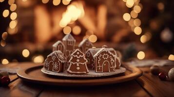 These adorable mini gingerbread houses are the perfect size for a sweet treat. They sit nestled on a plate surrounded by the comforting ambiance of a crackling fireplace photo