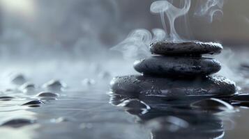 Gentle steam rises from the heated stones creating a peaceful and calming atmosphere. photo