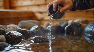 un hombre torrencial agua terminado calentado rocas en un sauna con un subtítulo explicando cómo esta aumenta humedad y el importancia de reponiendo perdido fluidos foto