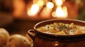 un contento cuenco con un atractivo sonrisa desbordante con un Rico y indulgente patata sopa. el calentar resplandor desde el hogar irradia comodidad y comodidad foto