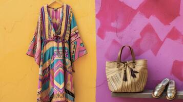 A vibrant caftan dress with geometric patterns and tel details paired with metallic gladiator sandals and a straw tote bag. This look is perfect for browsing through colorfu photo