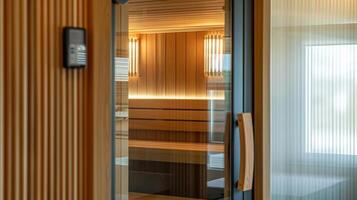 A closeup shot of a glass door leading into a sauna room with the words Corporate Wellness Sauna Program printed in elegant font. photo