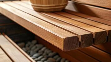 A closeup of a sauna bench with nonslip material providing stability and safety for elderly users. photo