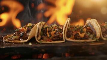 Take a trip to flavor town with this enticing image of sizzling beef tacos on a scorching hot griddle flames intensifying the burst of tastes and textures that await wit photo