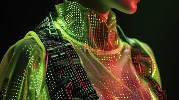 A mesh top with neon accents and circuit boardinspired patterns representing the fusion of fashion and technology in a bold and daring way photo