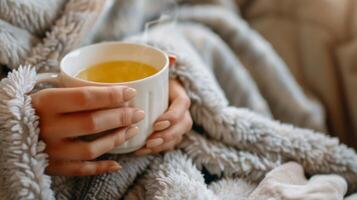 Wrapped in a cozy robe and sipping on a warm cup of herbal tea after a sauna session feeling a sense of calm and contentment amidst the wintery weather. photo