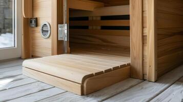 A modern indoor sauna designed with a small door and ramp for pets to easily enter and enjoy the warmth. photo